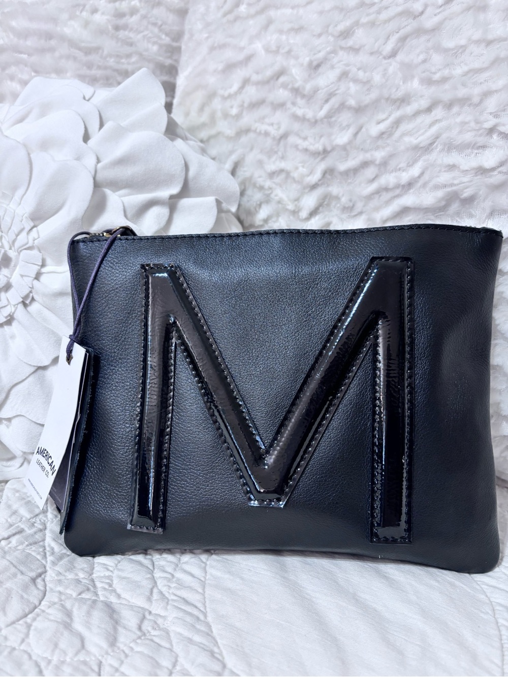 American Leather Co Dover Monogram M Black Leather Wristlet NWT